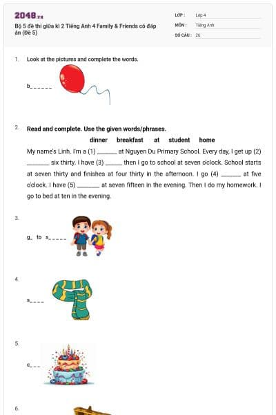 Bộ 5 đề thi giữa kì 2 Tiếng Anh 4 Family & Friends có đáp án (Đề 5)