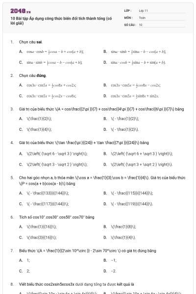 10 Bài tập Áp dụng công thức biến đổi tích thành tổng (có lời giải)