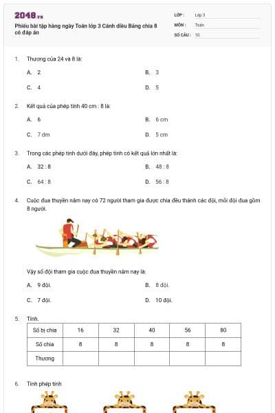 Phiếu bài tập hàng ngày Toán lớp 3 Cánh diều Bảng chia 8 có đáp án