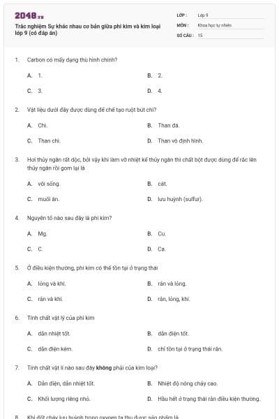 Trắc nghiệm Sự khác nhau cơ bản giữa phi kim và kim loại lớp 9 (có đáp án)