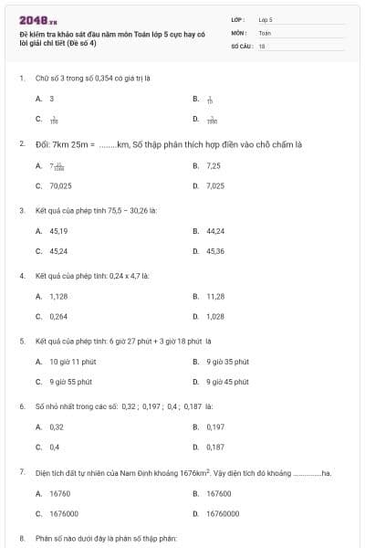 Đề kiểm tra khảo sát đầu năm môn Toán lớp 5 cực hay có lời giải chi tiết (Đề số 4)
