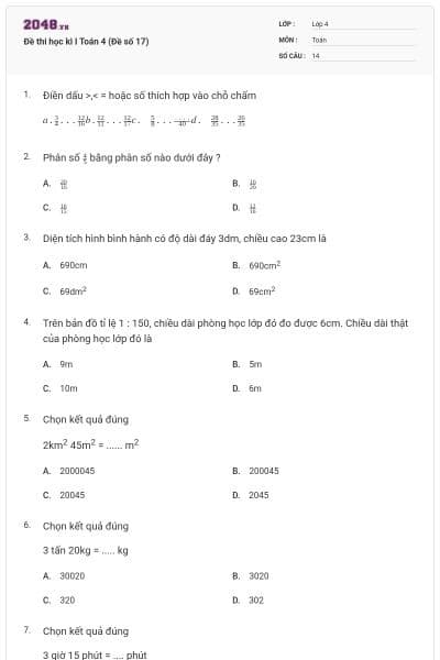 Đề thi học kì I Toán 4 (Đề số 17)