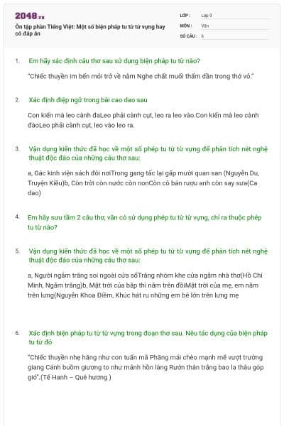 Ôn tập phần Tiếng Việt: Một số biện pháp tu từ từ vựng hay có đáp án