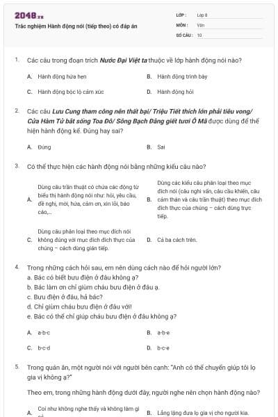 Trắc nghiệm Hành động nói (tiếp theo) có đáp án