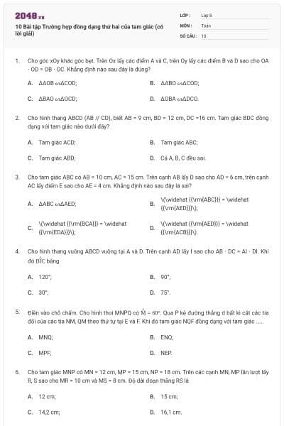 10 Bài tập Trường hợp đồng dạng thứ hai của tam giác (có lời giải)