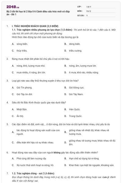 Bộ 3 đề thi học kì 2 Địa lí 6 Cánh diều cấu trúc mới có đáp án - Đề 1