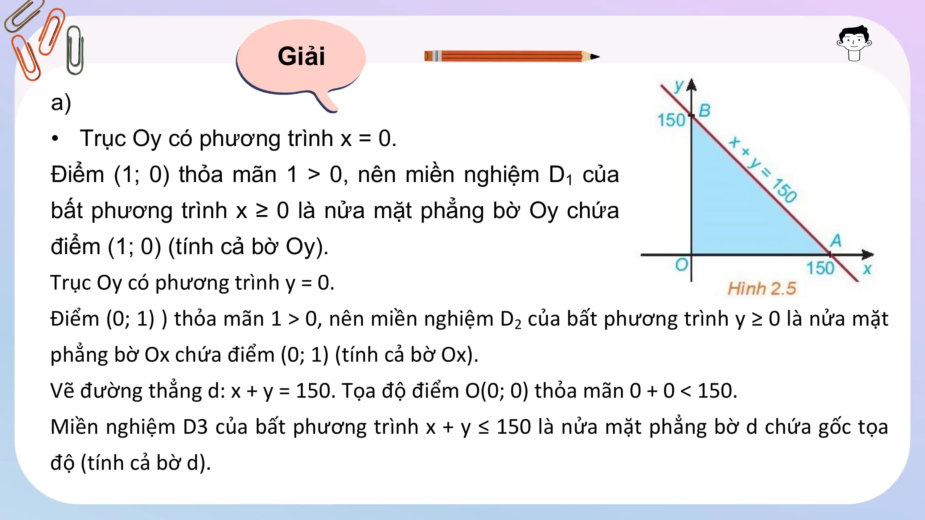 Giải
a)
• Trục Oy có phương trình x = 0.
Điểm (1; 0) thỏa mãn 1 > 0, nên miền nghiệm D1 của
bất phương trình x ≥ 0 là nửa mặt phẳng bờ Oy chứa
điểm (1; 0) (tính cả bờ Oy).
Trục Oy có phương trình y = 0.
Điểm (0; 1) ) thỏa mãn 1 > 0, nên miền nghiệm D2 của bất phương trình y ≥ 0 là nửa mặt
phẳng bờ Ox chứa điểm (0; 1) (tính cả bờ Ox).
Vẽ đường thẳng d: x + y = 150. Tọa độ điểm O(0; 0) thỏa mãn 0 + 0 < 150.
Miền nghiệm D3 của bất phương trình x + y ≤ 150 là nửa mặt phẳng bờ d chứa gốc tọa
độ (tính cả bờ d).