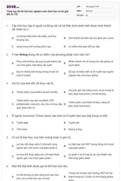Tổng hợp đề thi thử trắc nghiệm môn Sinh Học có lời giải (Đề số 10)