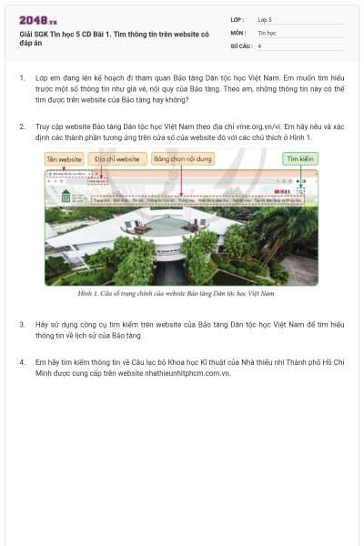 Giải SGK Tin học 5 CD Bài 1. Tìm thông tin trên website có đáp án