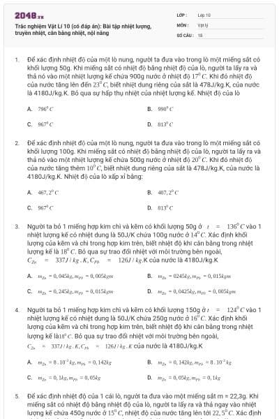 Trắc nghiệm Vật Lí 10 (có đáp án): Bài tập nhiệt lượng, truyền nhiệt, cân bằng nhiệt, nội năng