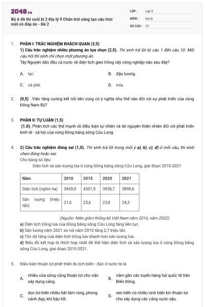 Bộ 6 đề thi cuối kì 2 Địa lý 9 Chân trời sáng tạo cấu trúc mới có đáp án - Đề 2