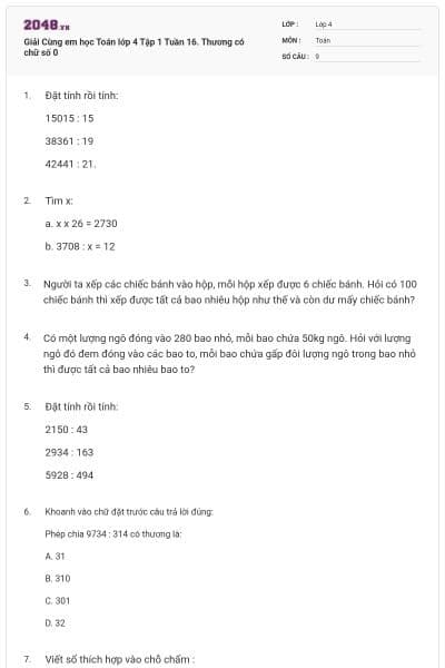 Giải Cùng em học Toán lớp 4 Tập 1 Tuần 16. Thương có chữ số 0