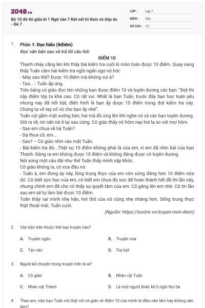 Bộ 10 đề thi giữa kì 1 Ngữ văn 7 Kết nối tri thức có đáp án - Đề 7
