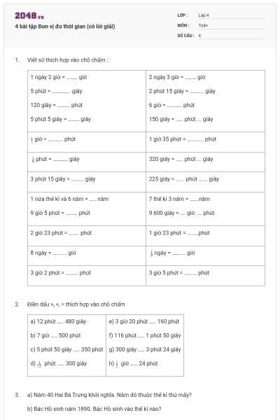 4 bài tập Đơn vị đo thời gian (có lời giải)