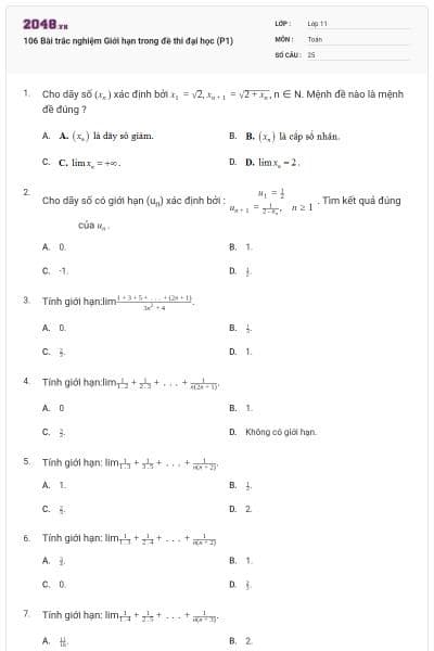 106 Bài trắc nghiệm Giới hạn trong đề thi đại học (P1)