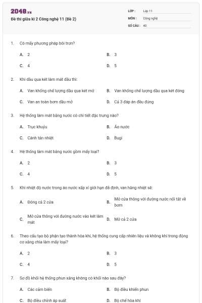 Đề thi giữa kì 2 Công nghệ 11 (Đề 2)