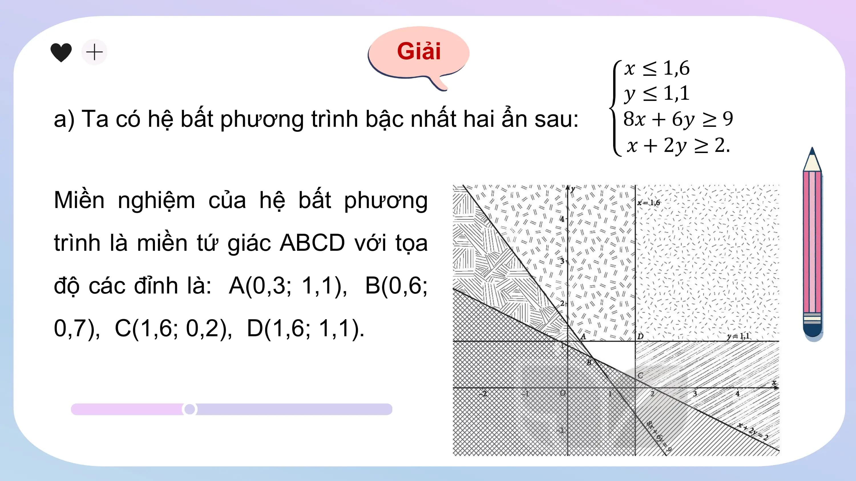 Giải
𝑥 ≤ 1,6
𝑦 ≤ 1,1
a) Ta có hệ bất phương trình bậc nhất hai ẩn sau: 8𝑥 + 6𝑦 ≥ 9
𝑥 + 2𝑦 ≥ 2.
Miền nghiệm của hệ bất phương
trình là miền tứ giác ABCD với tọa
độ các đỉnh là: A(0,3; 1,1), B(0,6;
0,7), C(1,6; 0,2), D(1,6; 1,1).