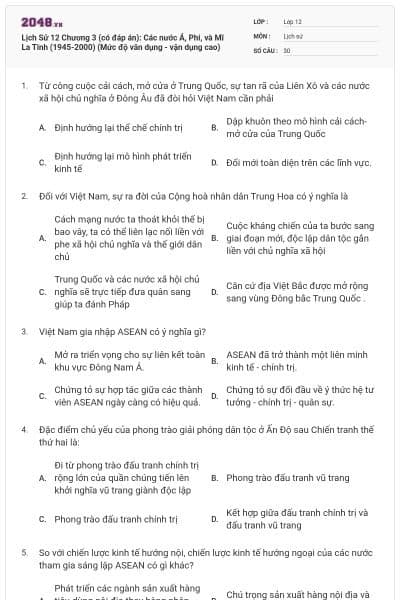 Lịch Sử 12 Chương 3 (có đáp án): Các nước Á, Phi, và Mĩ La Tinh (1945-2000) (Mức độ vân dụng - vận dụng cao)