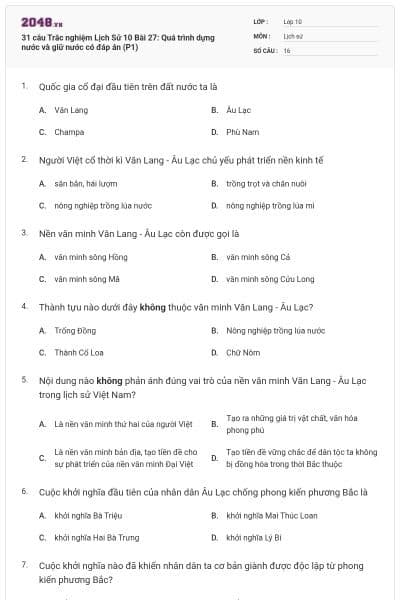 31 câu Trắc nghiệm Lịch Sử 10 Bài 27: Quá trình dựng nước và giữ nước có đáp án (P1)