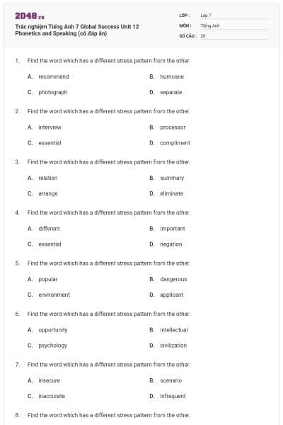 Trắc nghiệm Tiếng Anh 7 Global Success Unit 12 Phonetics and Speaking (có đáp án)