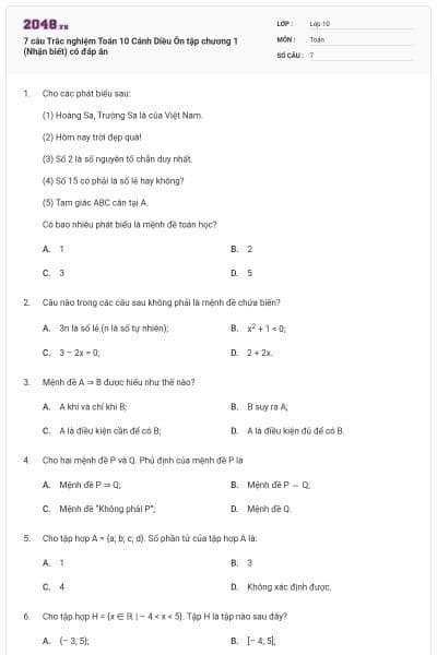 7 câu Trắc nghiệm Toán 10 Cánh Diều Ôn tập chương 1 (Nhận biết) có đáp án