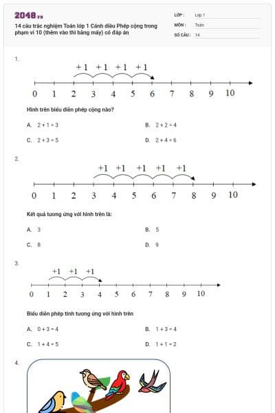 14 câu trắc nghiệm Toán lớp 1 Cánh diều Phép cộng trong phạm vi 10 (thêm vào thì bằng mấy) có đáp án