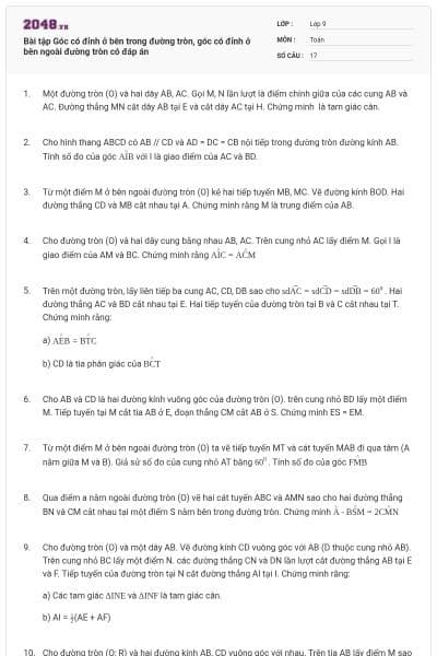 Bài tập Góc có đỉnh ở bên trong đường tròn, góc có đỉnh ở bên ngoài đường tròn có đáp án
