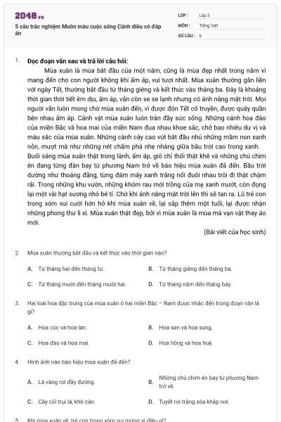 5 câu trắc nghiệm Muôn màu cuộc sống Cánh diều có đáp án