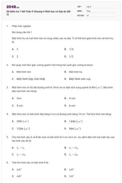 Đề kiểm tra 1 tiết Toán 9 Chương 4 Hình học có đáp án (Đề 2)