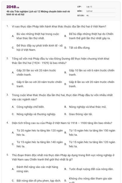 46 câu Trắc nghiệm Lịch sử 12 Những chuyển biến mới về kinh tế và xã hội