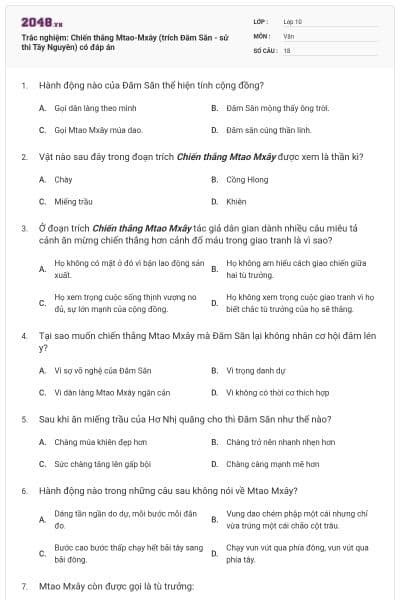 Trắc nghiệm: Chiến thắng Mtao-Mxây (trích Đăm Săn - sử thi Tây Nguyên) có đáp án