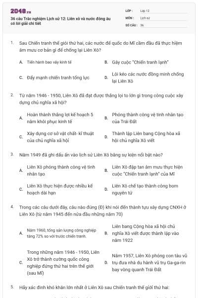 36 câu Trắc nghiệm Lịch sử 12: Liên xô và nước đông âu có lời giải chi tiết