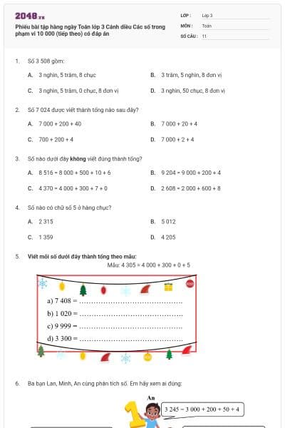 Phiếu bài tập hàng ngày Toán lớp 3 Cánh diều Các số trong phạm vi 10 000 (tiếp theo) có đáp án
