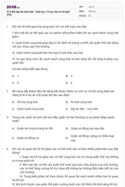 512 Bài tập Hệ sinh thái - Sinh học 12 cực hay có lời giải (P6)