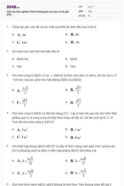 250 câu trắc nghiệm Hình không gian cực hay có lời giải (P5)