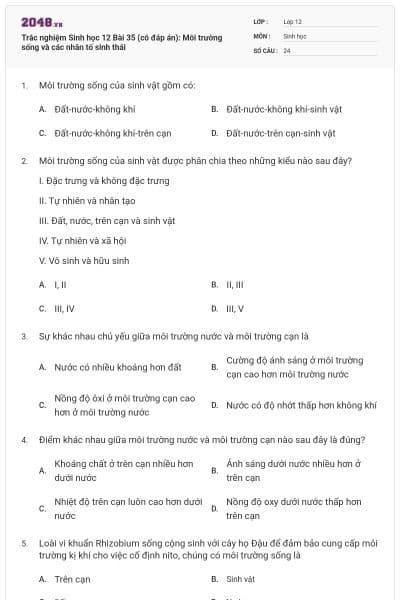 Trắc nghiệm Sinh học 12 Bài 35 (có đáp án): Môi trường sống và các nhân tố sinh thái