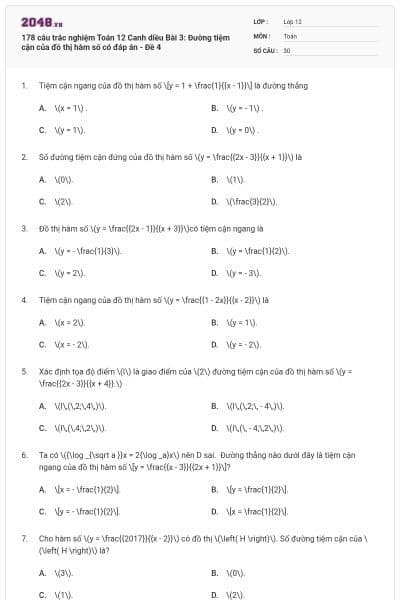 178 câu trắc nghiệm Toán 12 Canh diều Bài 3: Đường tiệm cận của đồ thị hàm số có đáp án - Đề 4