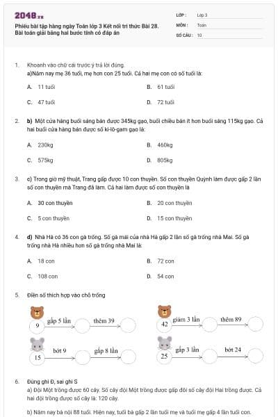 Phiếu bài tập hàng ngày Toán lớp 3 Kết nối tri thức Bài 28. Bài toán giải bằng hai bước tính có đáp án