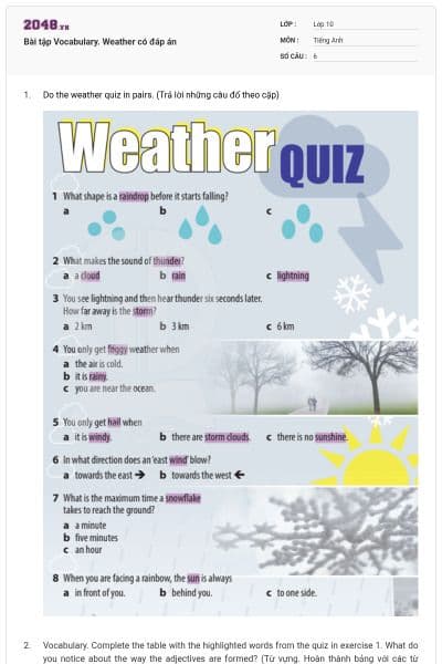 Bài tập Vocabulary. Weather có đáp án