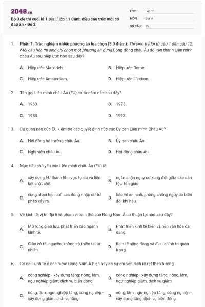 Bộ 3 đề thi cuối kì 1 Địa lí lớp 11 Cánh diều cấu trúc mới có đáp án - Đề 2