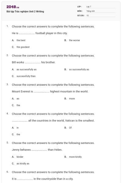 Bài tập Trắc nghiệm Unit 2 Writing