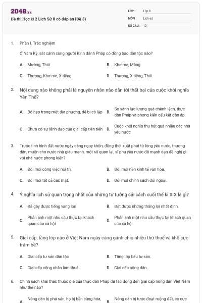 Đề thi Học kì 2 Lịch Sử 8 có đáp án (Đề 3)