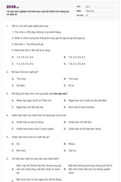 10 câu trắc nghiệm Cái bàn học của tôi Chân trời sáng tạo có đáp án