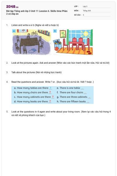Bài tập Tiếng anh lớp 3 Unit 11 Lession 6. Skills time Phần 2 có đáp án