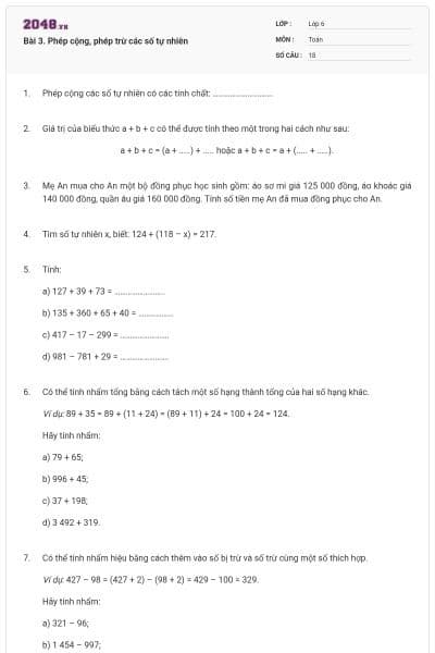 Bài 3. Phép cộng, phép trừ các số tự nhiên