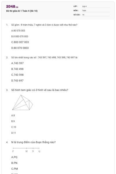 Đề thi giữa kì 1 Toán 4 (Đề 10)