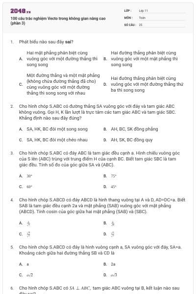 100 câu trắc nghiệm Vecto trong không gian nâng cao (phần 3)