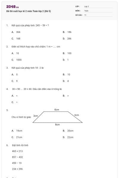 Đề thi cuối học kì 2 môn Toán lớp 2 (Đề 5)