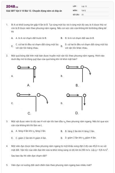 Giải SBT Vật lí 10 Bài 12. Chuyển động ném có đáp án