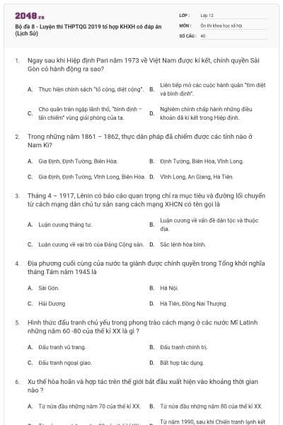 Bộ đề 8 - Luyện thi THPTQG 2019 tổ hợp KHXH có đáp án (Lịch Sử)